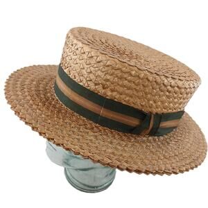 Vintage Straw Skimmer Boater Hat Size 6 3/4 Brown w/ Ribbon Band Classic Summer